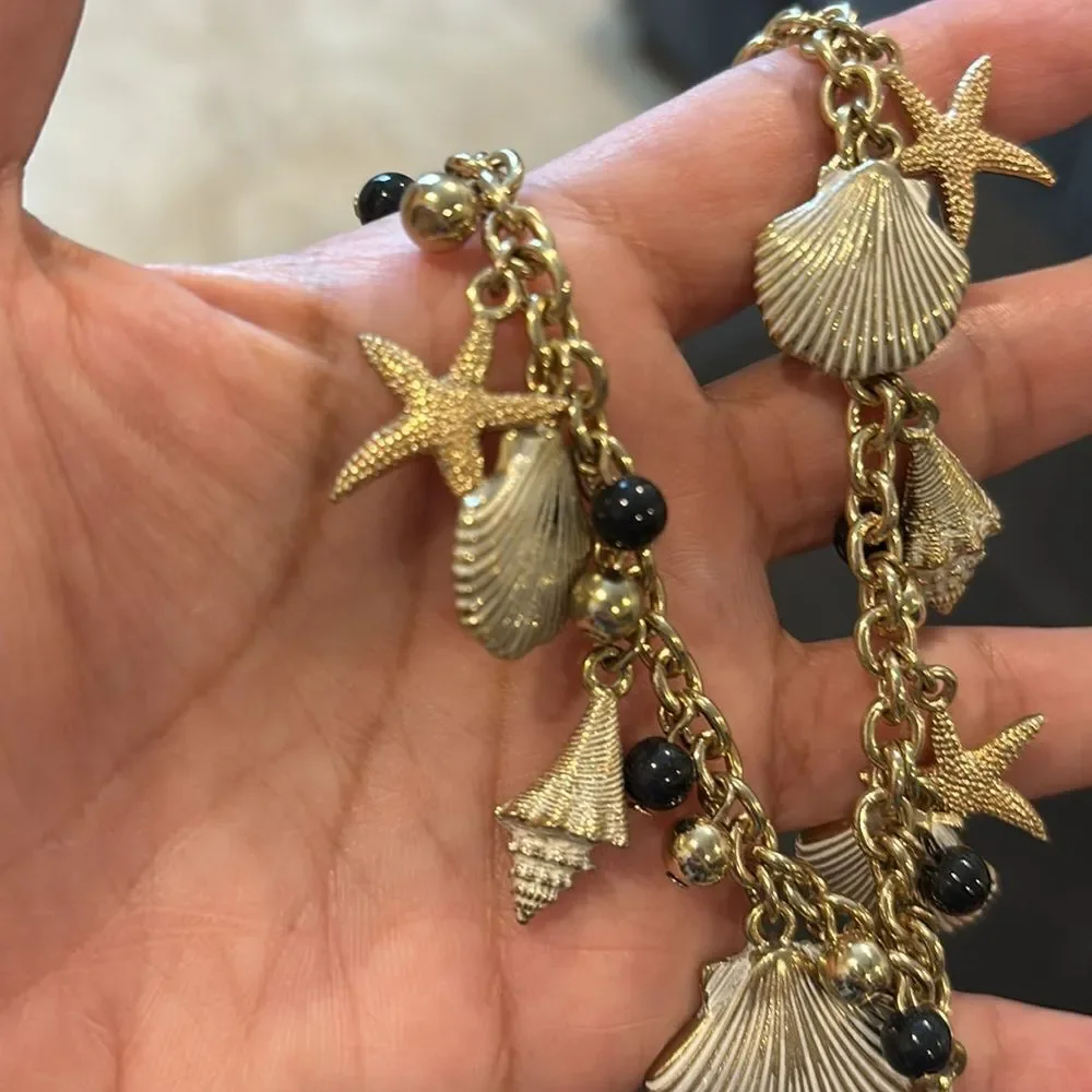 Vintage '1990's Talbot Bib Fashion Gold Tone Nautical Charm Necklace Shell Fish​